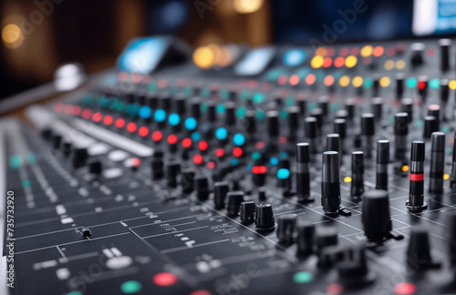 Professional digital audio mixing console with advanced control panel and electronic buttons, designed for studio recording, DJ, and broadcast applications