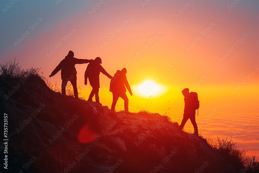 teamwork tourists go up hill sunrise