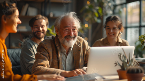 older Smiling businesspeople having a discussion while collaborating on a new project in an office. Group of happy businesspeople using a laptop while working together in a modern workspace