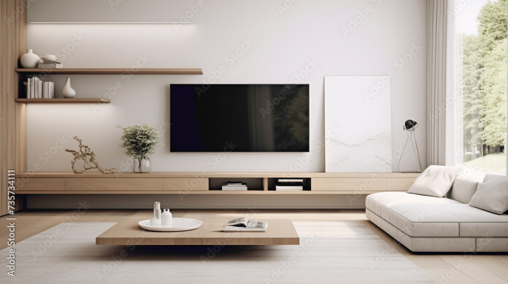 A minimalist Scandinavian living room with a focus on clean lines and open space, featuring a modular sofa, a floating shelf, and a large wall-mounted TV.