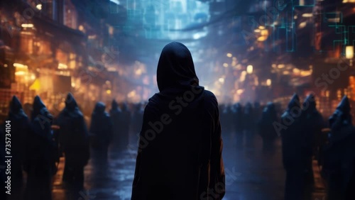 A person wearing a black cloak and engulfed in a digital rain standing a the rows of holographic vendors in a crowded cyberpunk art photo