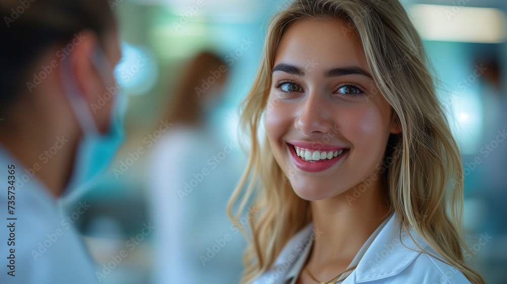 portrait of a smiling doctor, young woman sitting in a dental chair at a medical center while a professional doctor fixing her teeth, a Dentist examining a patient's teeth in the dentist