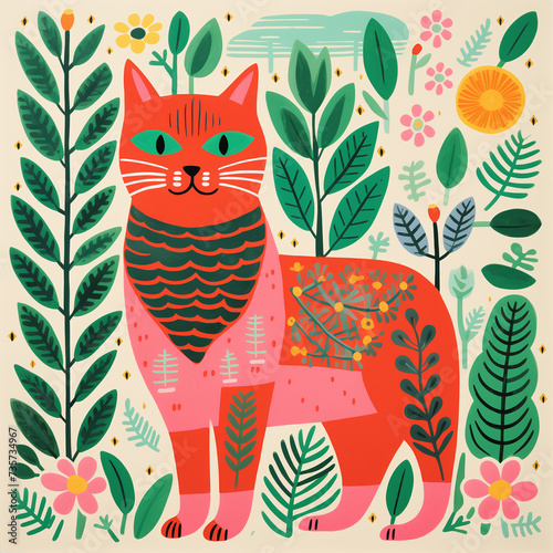 Colorful risograph-style illustration of a cat with floral patterns against a pastel background, in folk art design. photo