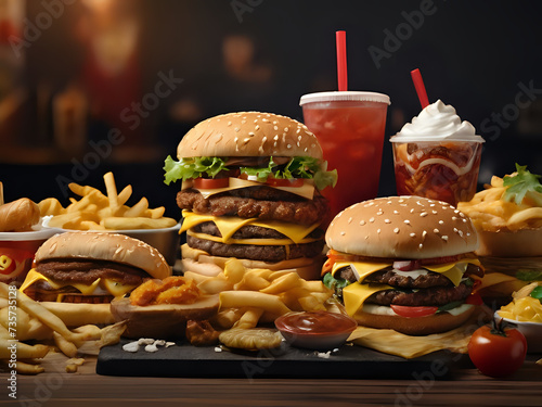 a table topped with different types of fast food, super realistic food picture photo