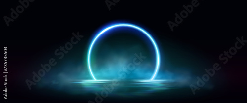 Neon circular arch frame with smoke over water surface with reflections. Realistic vector illustration of bright ring border with fog. Glowing round magic portal or product presentation template.