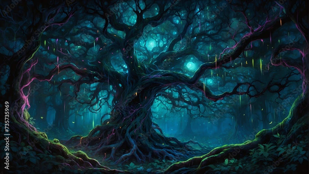 In a mesmerizing neon-noir vibrant forest captured in a dream-like anime painting, the focal point is a mysterious and charismatic creature known as the "Whispering Tree." - obrazy, fototapety, plakaty 