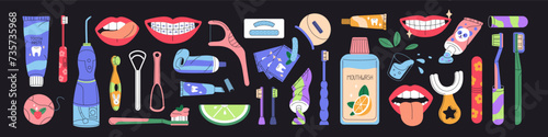 Oral hygiene, cleaning tools set. Different dental care accessories. Electric toothbrush, kids tooth brush, toothpaste tube, mouthwash bottle, floss. Braces teeth. Flat isolated vector illustration