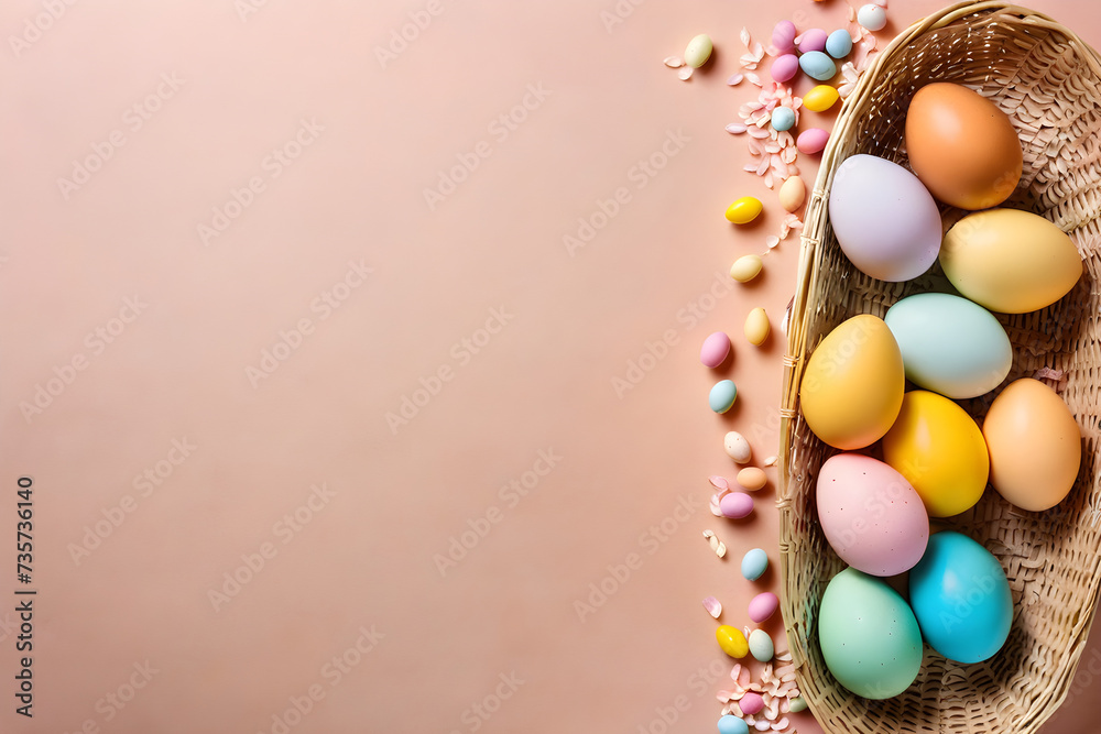 Easter template, colorful eggs, simple background, copy space, blank. Generative AI