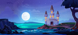 Fairytale castle on hill above stormy night sea. Vector cartoon illustration of medieval palace with towers, wooden gate, light in windows, moon glowing, birds flying in starry sky, tree on seashore