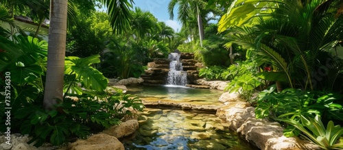 Serene tropical landscape with a majestic waterfall surrounded by lush palm trees in a peaceful garden setting