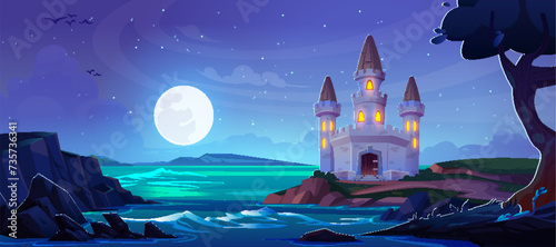 Fairytale castle on hill above stormy night sea. Vector cartoon illustration of medieval palace with towers, wooden gate, light in windows, moon glowing, birds flying in starry sky, tree on seashore