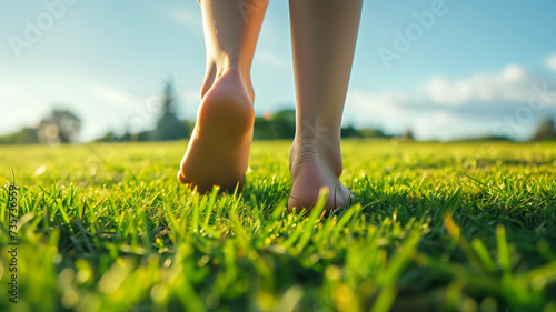 pair of feet walking barefoot on grass, concept for grounding or earthing therapy