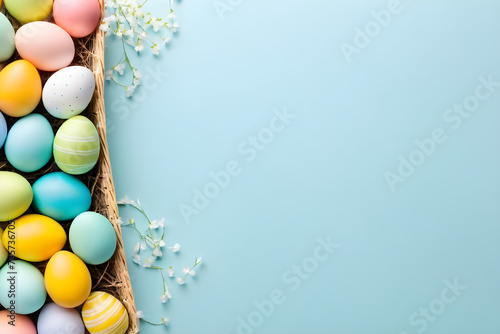 Easter template, colorful eggs, simple background, copy space, blank. Generative AI