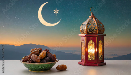 Eid Mubarak background, Traditional Ramadan lantern lamp with crescent moon theme, Generated AI