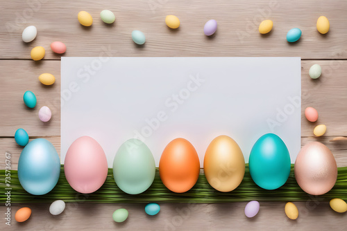 Easter template, colorful eggs, simple background, copy space, blank. Generative AI
