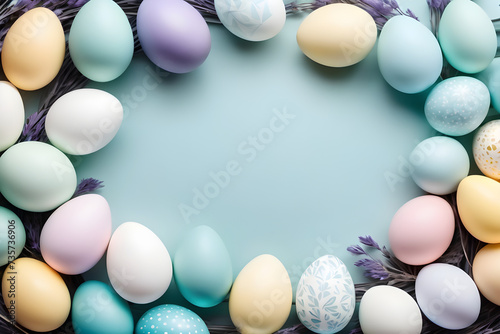 Easter template, colorful eggs, simple background, copy space, blank. Generative AI