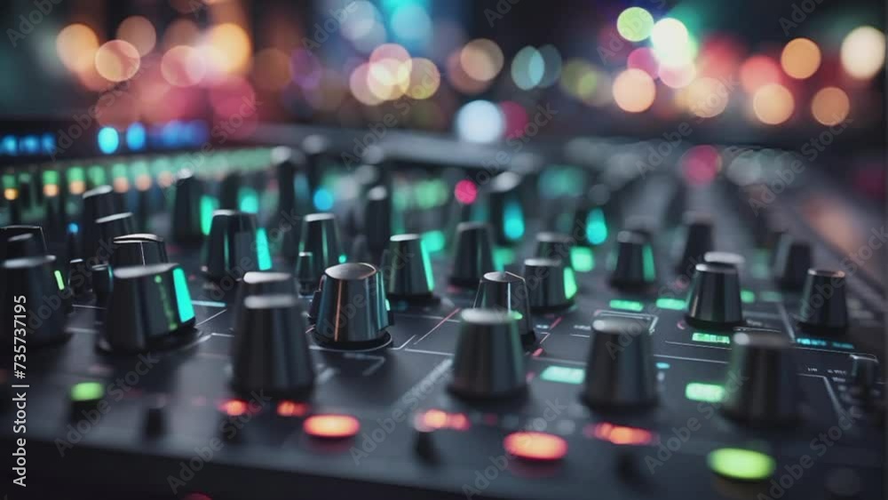close-up of an audio mixer with a background of bokeh lights, suitable for entertainment needs