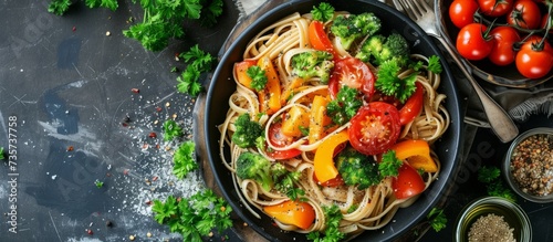 A delicious bowl of noodles with vegetables, including broccoli, cooked in a pan and placed on a table