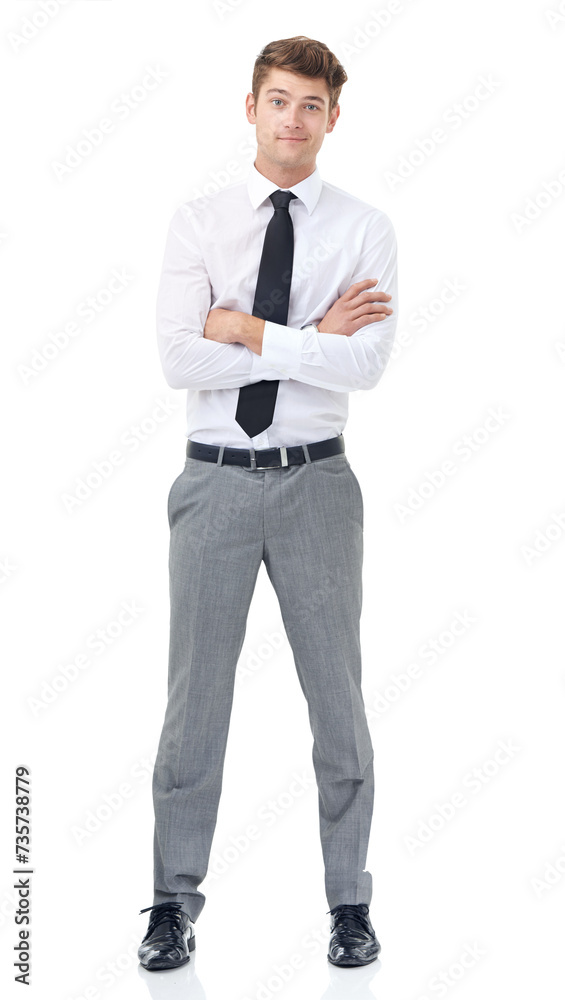 Studio, portrait and businessman for positive with arms crossed and ambition in career by white background. Professional, entrepreneur and confident face in mock up, and mission in small business Studio, portrait and businessman for positive with arms crossed and ambition in career by white background. Professional, entrepreneur and confident face in mock up, and mission in small business
