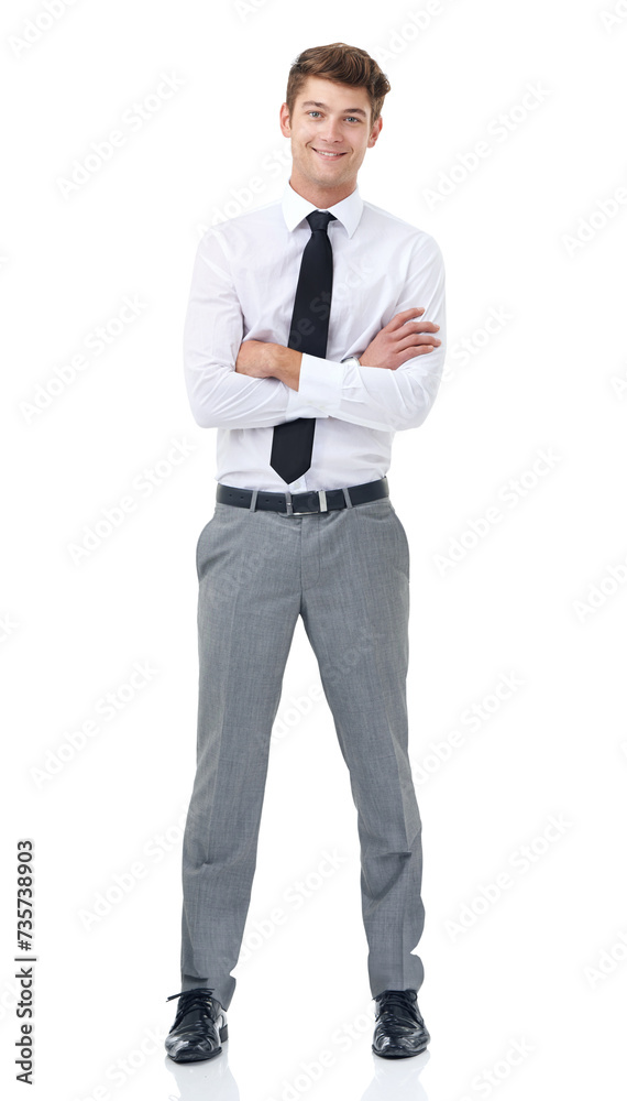Studio, portrait and young businessman with arms crossed for confident professional by white background. Lawyer, positive and face with pride in law career and corporate fashion for work in mockup Studio, portrait and young businessman with arms crossed for confident professional by white background. Lawyer, positive and face with pride in law career and corporate fashion for work in mockup