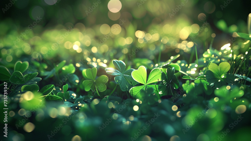 A clearing with clover. Background for St. Patrick's Day. - obrazy, fototapety, plakaty 