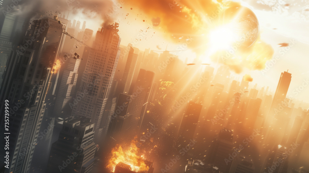 Cataclysmic hit of a big city by a meteor. AI generated Cataclysmic hit of a big city by a meteor. AI generated