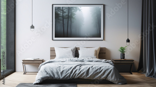 A minimalistic bedroom with a blank white empty frame, showcasing a serene, black and white photograph of a misty forest. © Danish