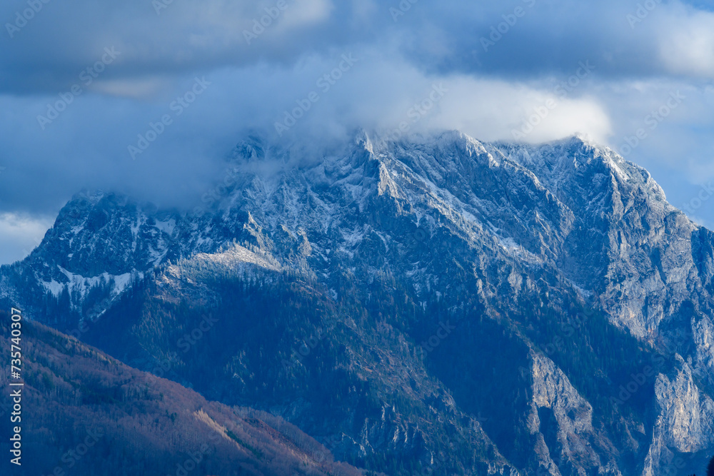 mountain traunstein in winter in the upper austrian region salzkammergut