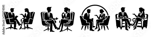 Four black and white vector images of man and woman talking with each other in armchairs