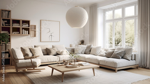 A minimalistic living room design with a Scandinavian touch, featuring a stylish combination of light-colored furniture and soft textiles © Danish