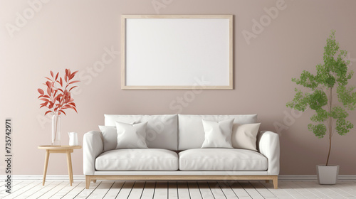 A minimalistic living room with a blank white empty frame  capturing the beauty of a delicate  minimalist botanical sketch that adds a touch of elegance.