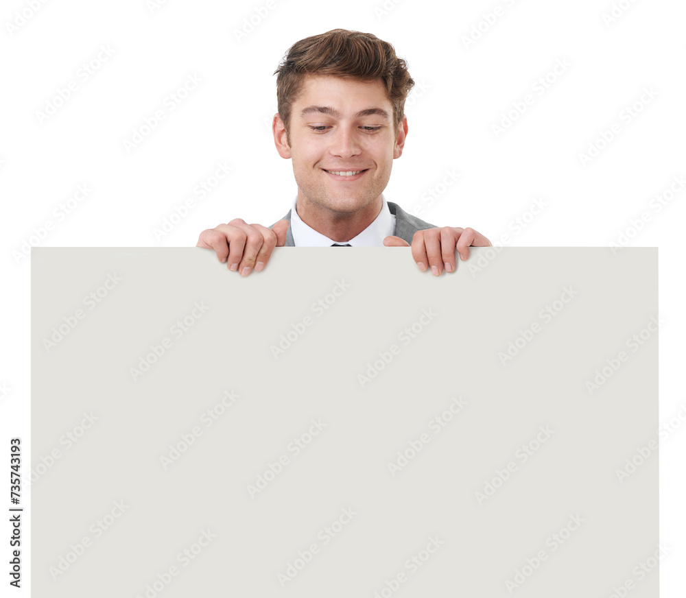 Smile, poster and space with business man in studio isolated on white background for advertising or marketing, Billboard, mockup and promotion with happy young person holding banner for information