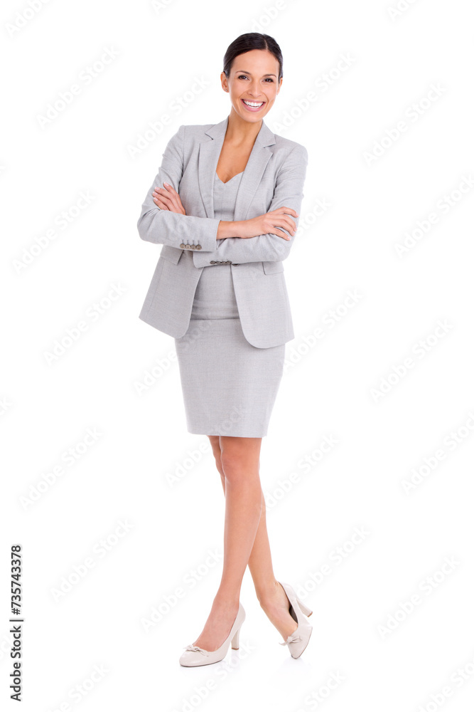 Portrait, smile and business woman with confidence in studio isolated on a white background mockup space. Arms crossed, professional and happy consultant with pride in Spain for job of entrepreneur Portrait, smile and business woman with confidence in studio isolated on a white background mockup space. Arms crossed, professional and happy consultant with pride in Spain for job of entrepreneur