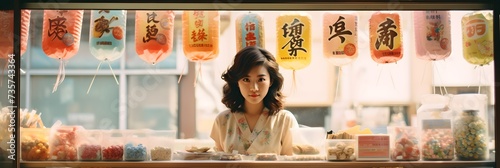 A young Japanese woman stands at a candy store bathed in soft sunlight, conveying warmth and comfort. It brings back memories of happy childhood times and can stimulate past Japanese culture.
