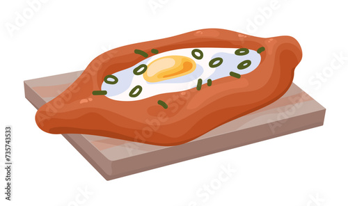 Adjarian khachapuri. Georgian traditional bread filled with cheese, egg. Fresh baked street food of Georgia, homemade bakery, tasty lunch eating. Flat isolated vector illustration on white background