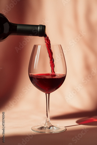 Red wine pours from the bottle into the glass in close-up