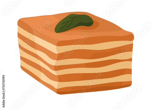 Traditional Russian layer cake, medovik. Homemade biscuit dessert with cream. Baked honey pastry, bakery. Piece of tasty food decorated with leaf. Flat isolated vector illustration on white background