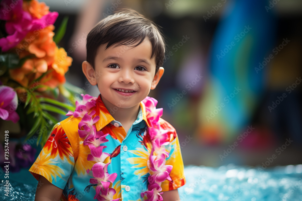 Smiling Child in Hawaiian Shirt on Songkran Day Smiling Child in Hawaiian Shirt on Songkran Day