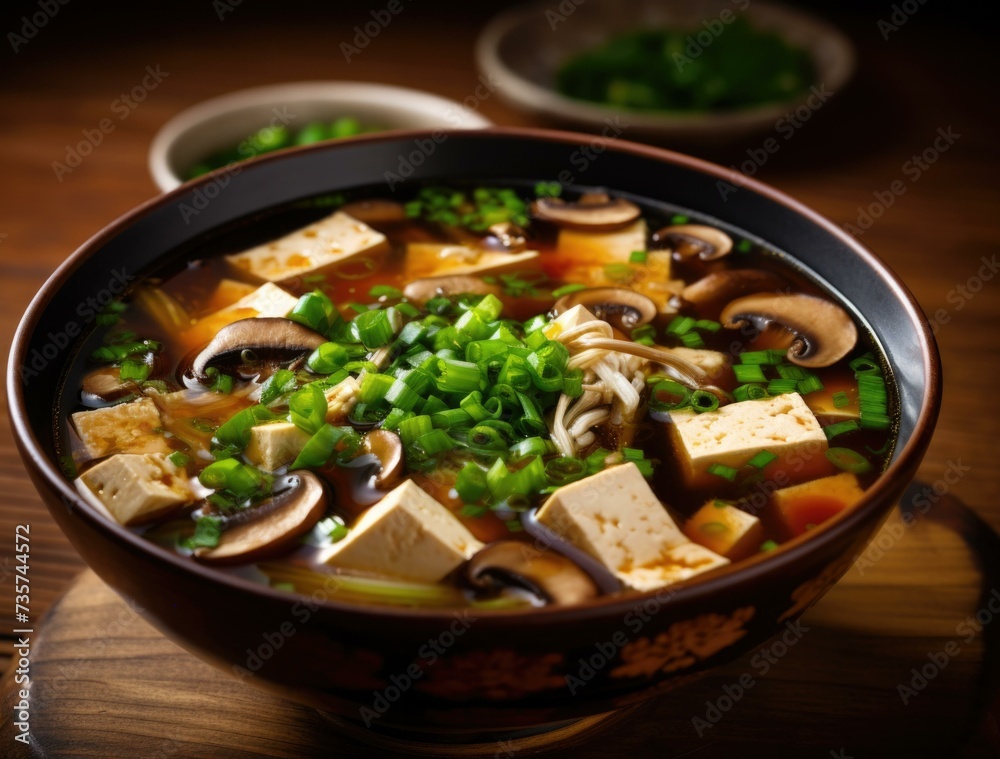 A bowl of soup with tofu, mushrooms and green onions. Generative AI.