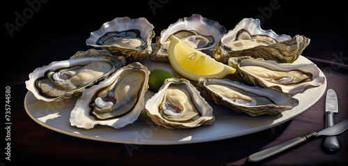 A plate of oysters with a lemon wedge. Generative AI.