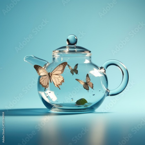 A glass teapot with butterflies inside. Generative AI.