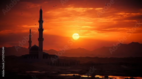sunset desert with muslim mosque foreground
