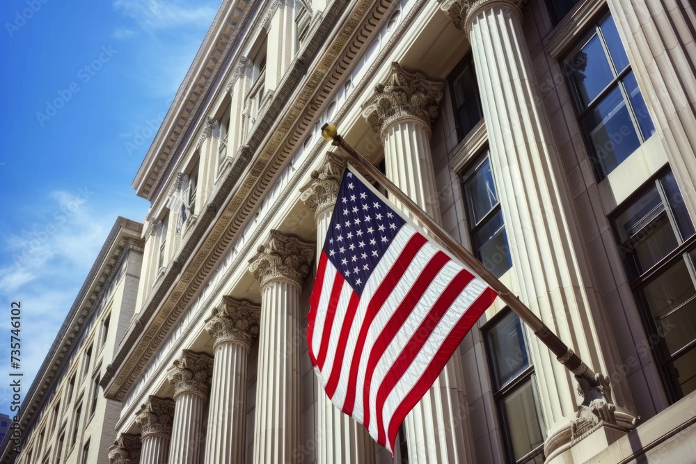 American flag displayed proudly in front of a building, american historical landmarks image