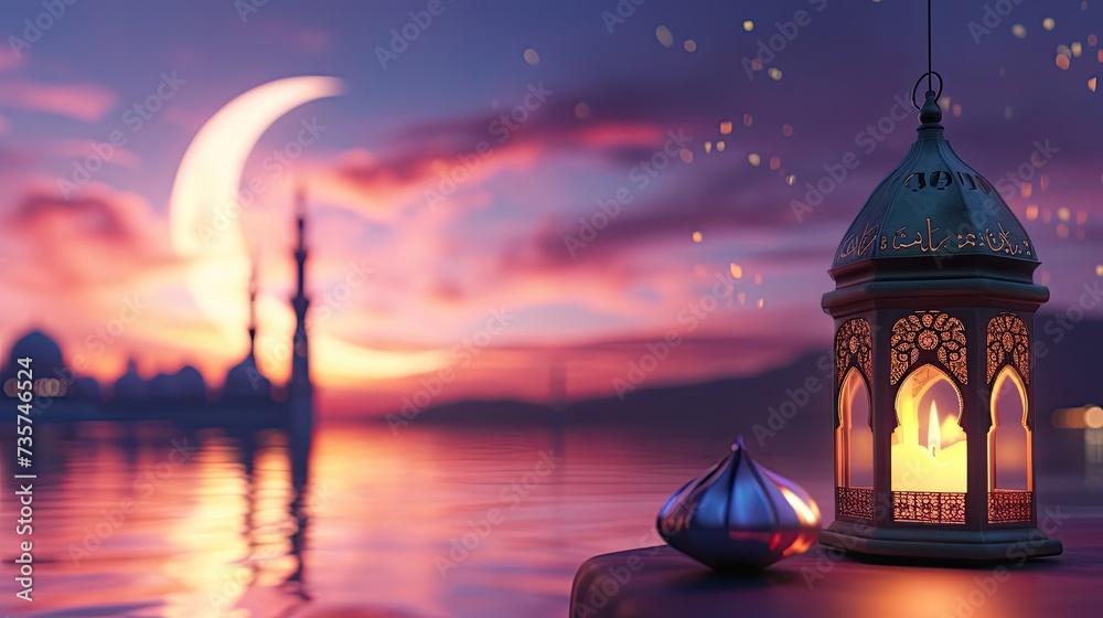 Ramadan Kareem season greeting Card with mosque and shiny star night Background, Generative Ai