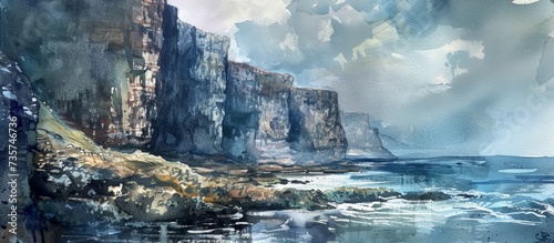 A picturesque painting capturing a cliff with a stunning view of the ocean, under a sky filled with fluffy clouds.