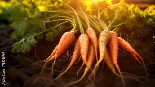 of freshly cultivated carrots glimmering in the sunlight growing in a bed of rich brown soil on an organic farm. . .
