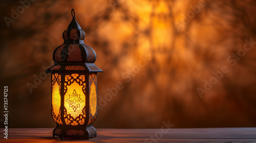 Beautiful oriental lamp emits warm light with reflection on the wall in a beautiful interior in brown tones