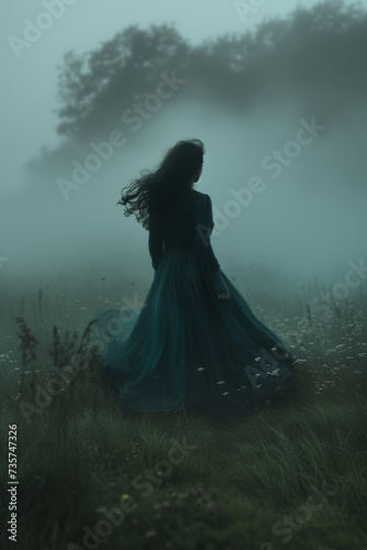 Girl is Near a Field that is Covered in Fog in the Style of Dark Cyan and Crimson - Mystery Nostalgia Wiccan Woman with Flowing Fabrics Costume Background created with Generative AI Technology