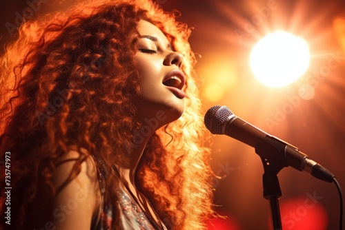 Beautiful singing girl curly afro hair. Beauty woman singer sing with microphone song on stage