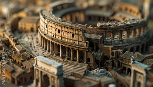 Detailed miniature model of the colosseum, showcasing ancient roman architecture. close-up, selective focus photo captured by AI